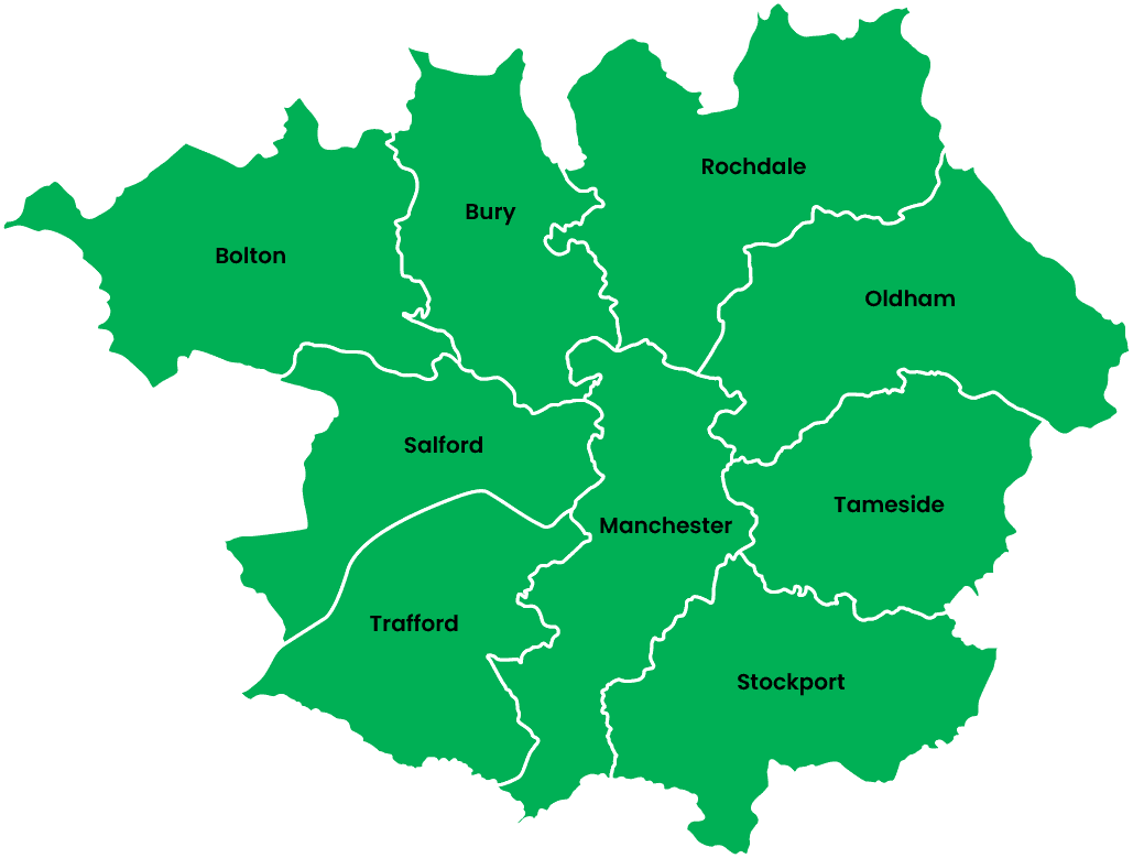 Skip hire service area map showing Greater Manchester boroughs including Bolton, Bury, Rochdale, Oldham, Tameside, Stockport, Manchester, Salford, and Trafford